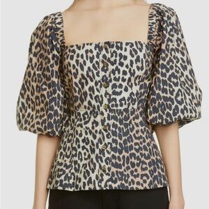 Ganni Leopard Printed Cotton Poplin Puff Sleeve Top 38 M 6 New